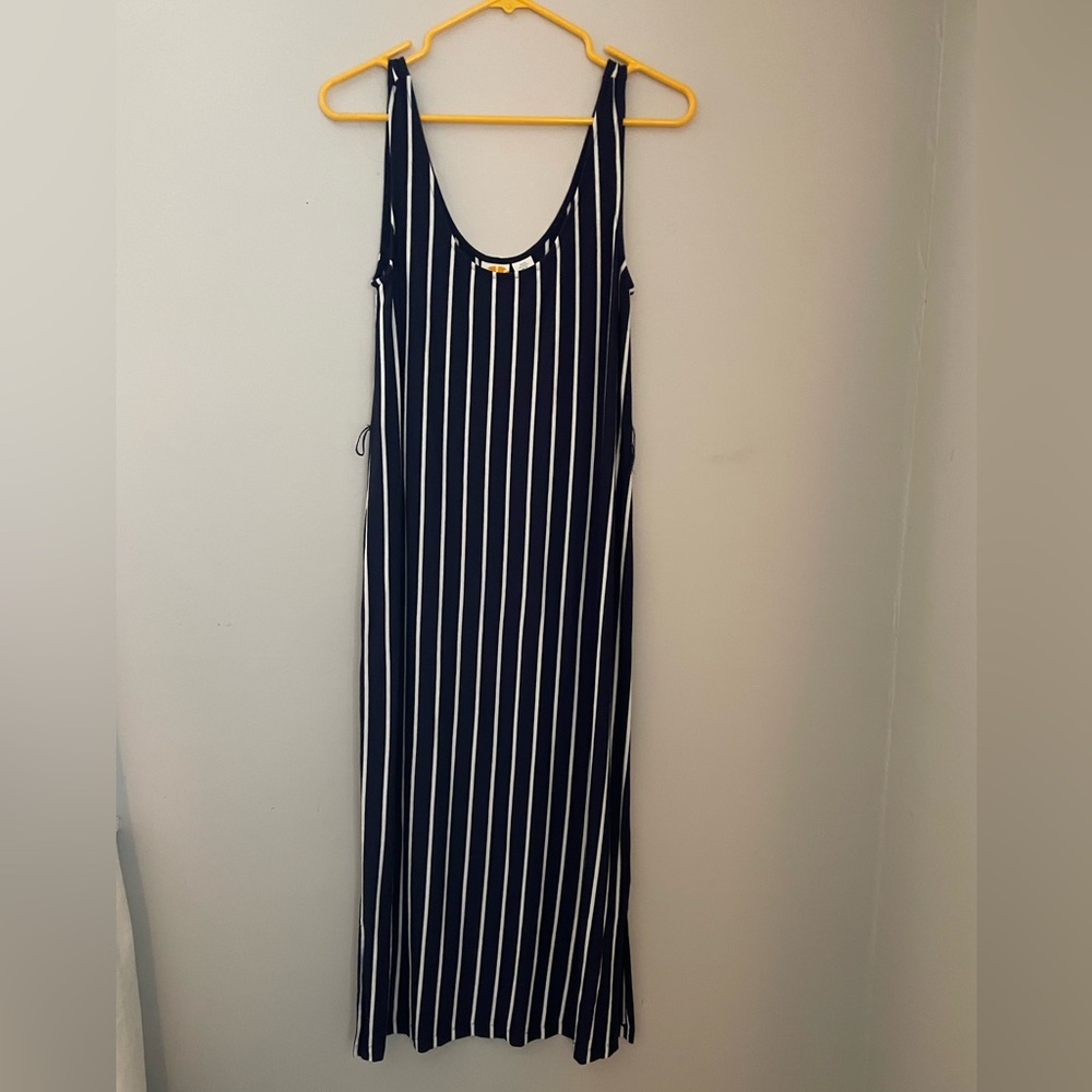 C&C California Navy Blue and White Vertical Stripe Maxi Dress
